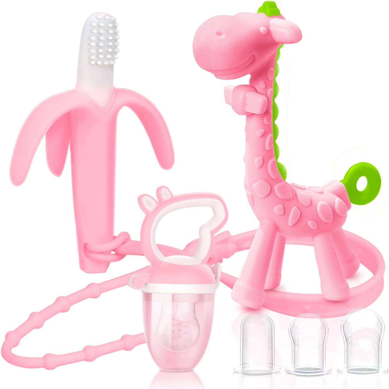 SHARE&CARE Baby Teething Toys and Natural Organic Fruit Feeder Pacifier/Baby Teether Chew Toys Fresh Food Feeder/ 1 Teethers and 1 Feeder with 3 Silicone Sacs (Pink)