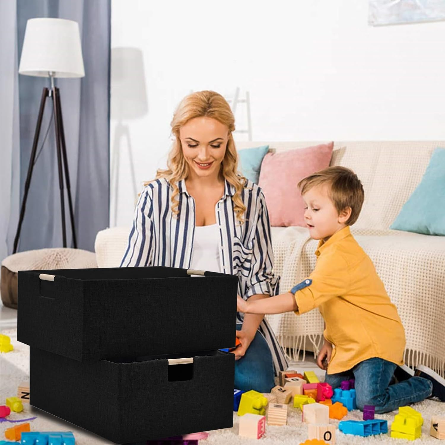 Xianshengle Storage Bins & Fabric Storage Basket for Shelves - Decorative Baskets Storage Box Cubes Containers W/Handles for Closet Shelf Nursery Toy, Home, Office, Books,Bathroom (Black) image number 4
