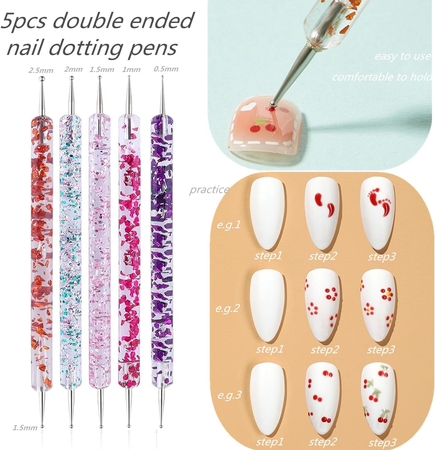 FULINJOY 10PCS Nail Art Gel Carving Pen Acrylic Dotting Pens, Double-Ended Silicone Brushes for Design Nail Foil Carving Drawing and 3D Effect Shaping Drawing Dotting Tools