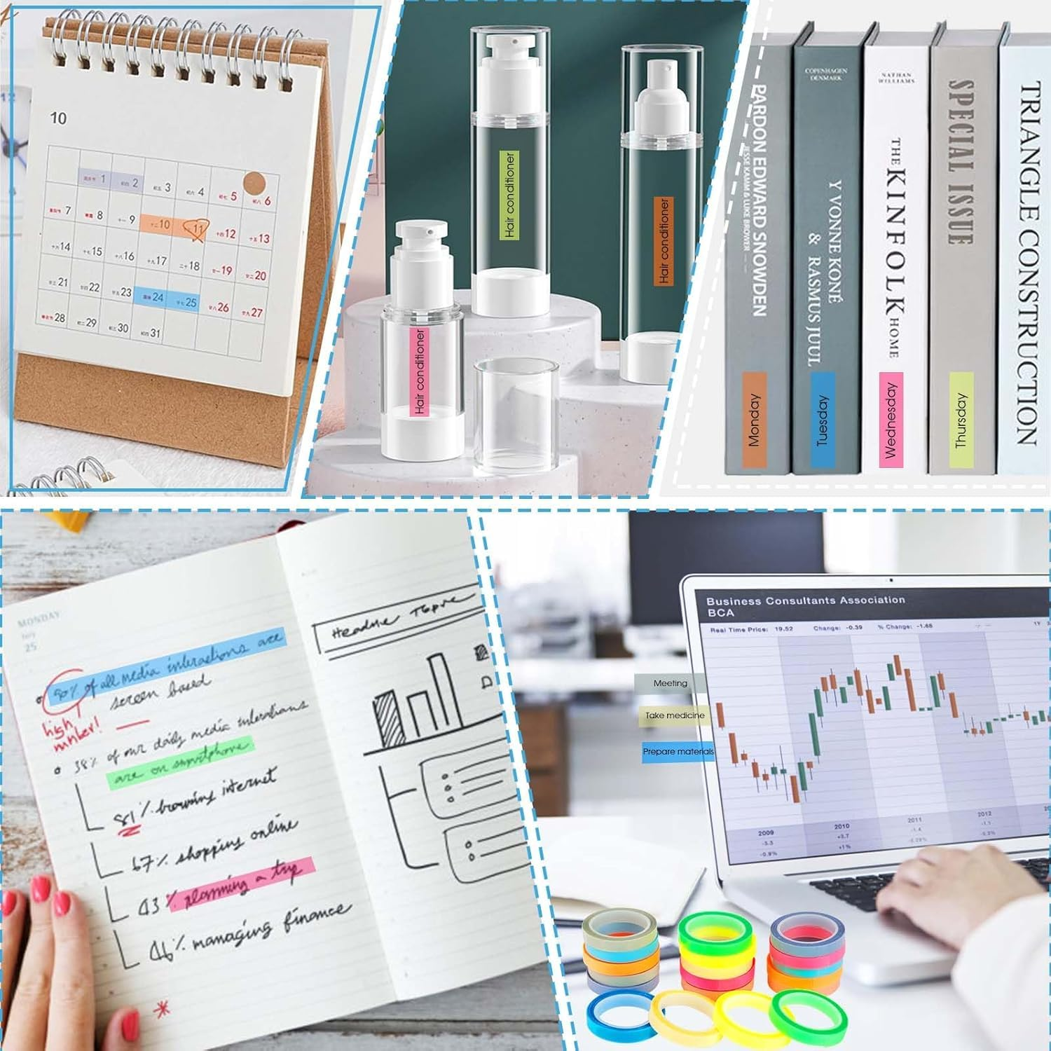 10 Rolls Highlighter Tapes,Transparent Marking Sticker Removable Fluorescent Colored Tags for Reading Class,Coloured Transparent Adhesive Tape for School Office Home(0.8Cm* 5M) image number 6