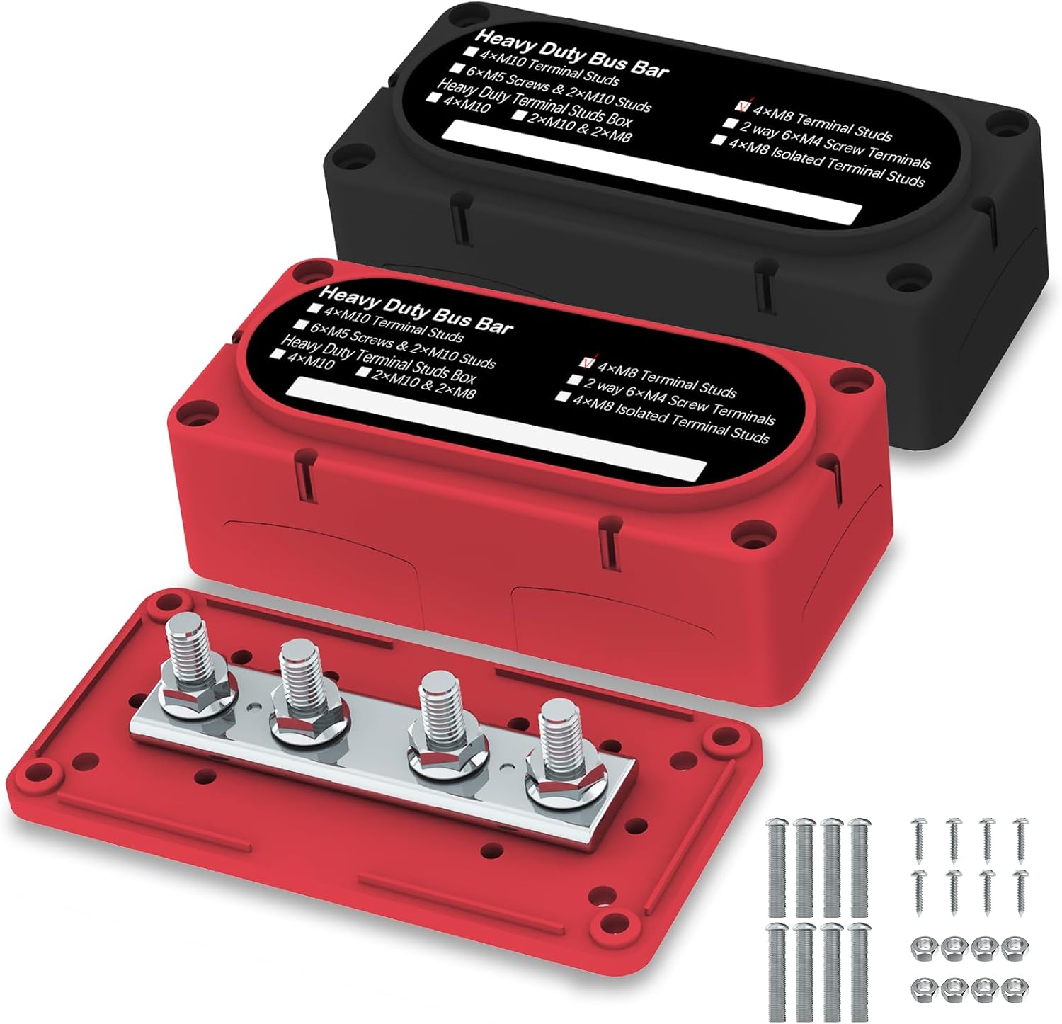 Heavy Duty Bus Bar 300A 12V Power Distribution Block with 5/16" (M8) 4-Posts Terminals Block with Cover for Automotive, Marine, Battery System(Red)