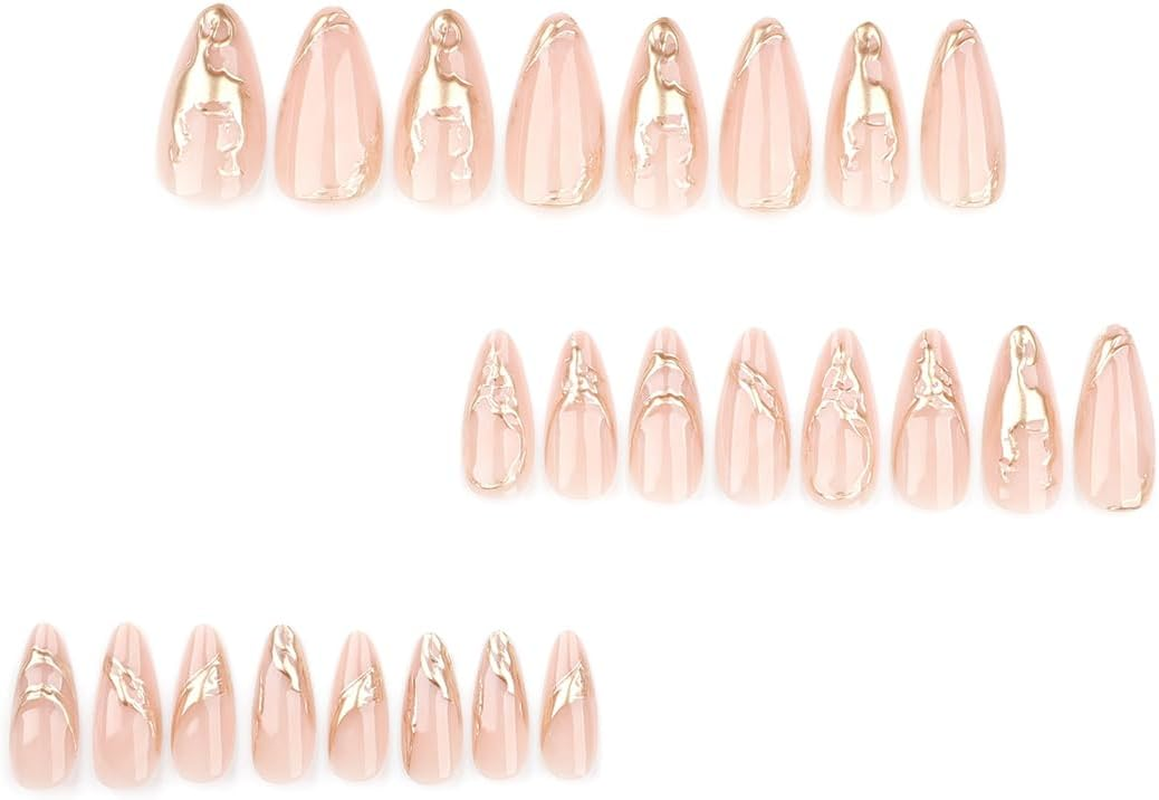 Nude Almond Press on Nails 24 PCS Glossy Gold False Nails Medium Length Fake Nails Full Cover Stick on Nails Art for Women and Girls Daily Decoration image number 5