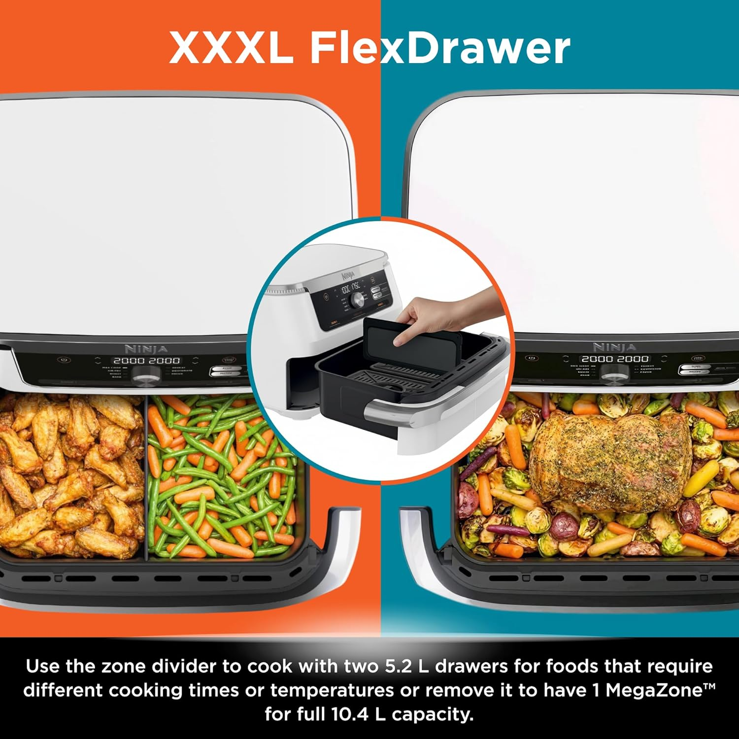 Ninja XXXL Flexdrawer Air Fryer, 10.4L Extra Large Drawer with Removable Divider, Dual Zone Technology, 7 Functions, Non Stick, AF500WHANZ, White image number 2