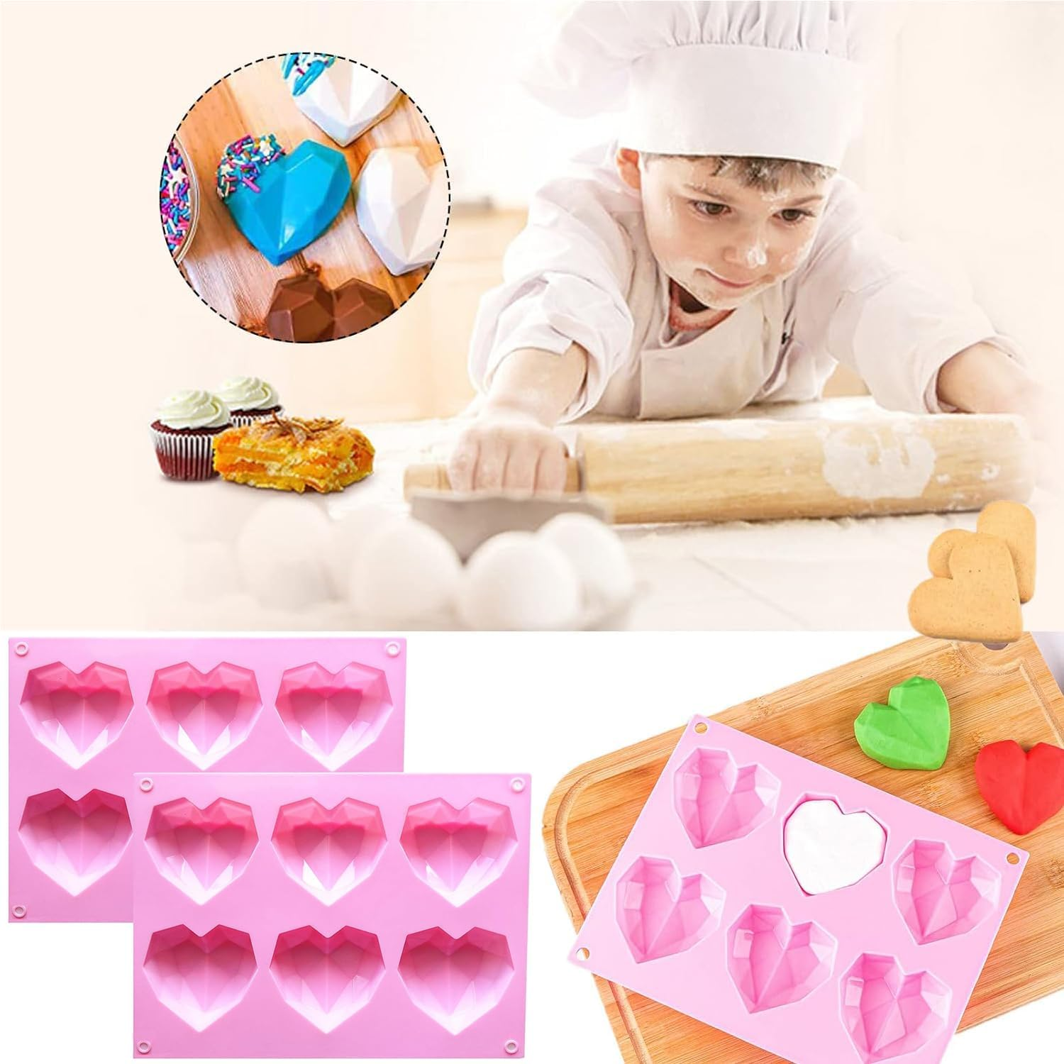 2 Pcs 3D Diamond Heart Silicone Mold, 6 Cavity Silicone Chocolate Moulds, Non Stick Chocolate Mould Baking Dessert Molds for Chocolate, Pudding, Jelly, Ice Cubes, Soap image number 4