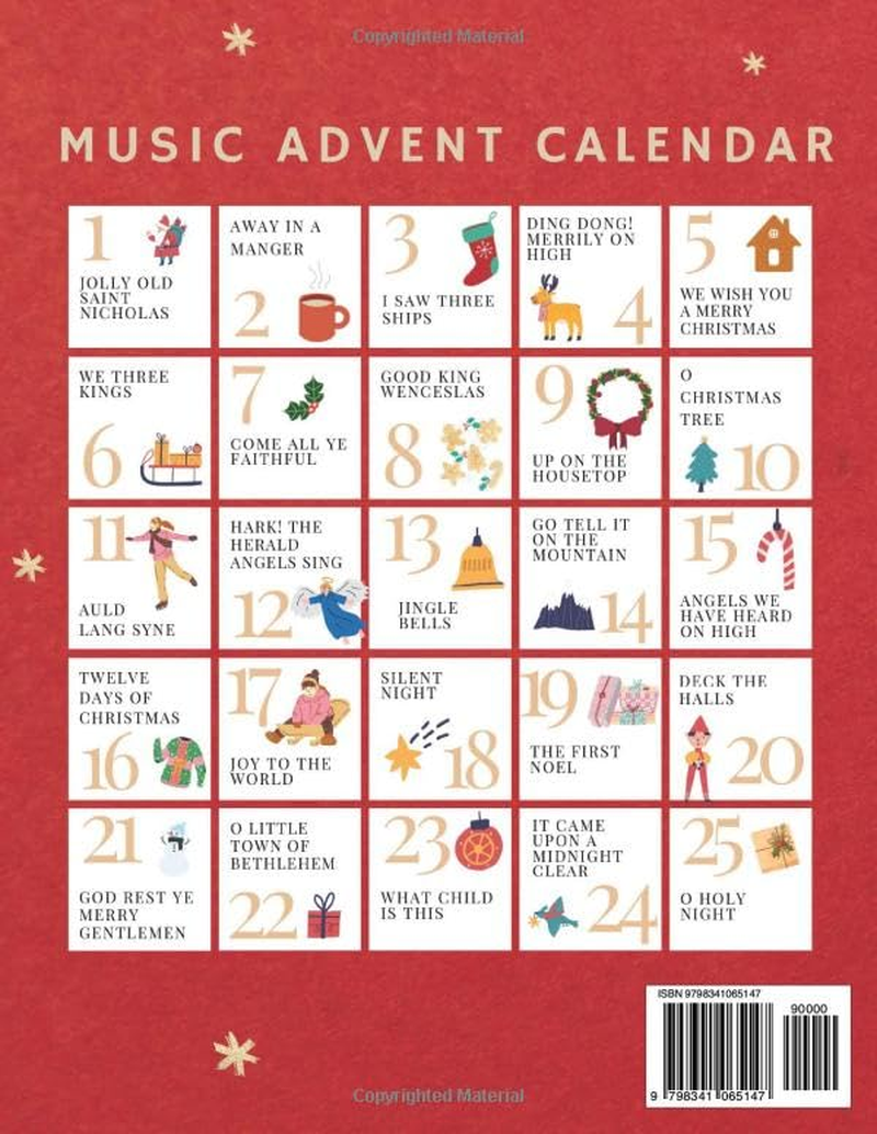 Music Advent Calendar: 25 Easy Piano Christmas Songs (2 Levels in 1) for Beginner and Kids: with Lyrics, Fingering, Guitar Chords, Letter Names, ... Holiday Duet Sheet Music - Holiday Countdown image number 1