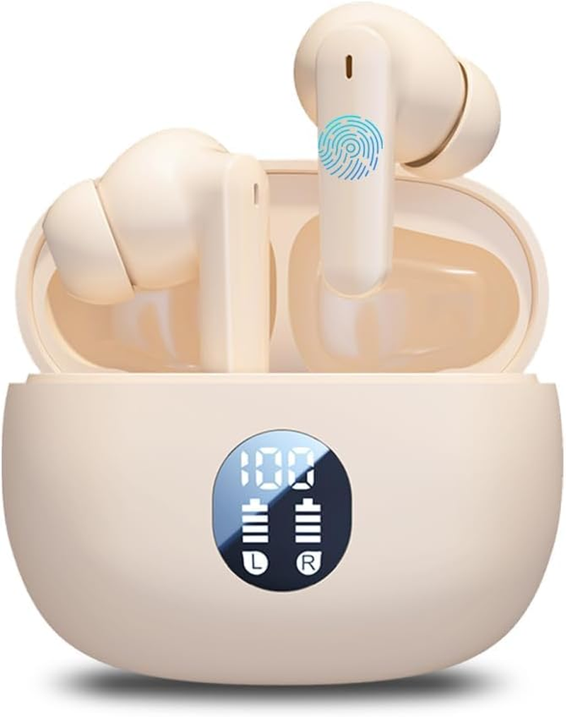 Wireless Earbuds, Bluetooth 5.46 Headphones with Hifi Stereo Sound, 48H Playtime with LED Power Display Charging Case, IP6 Waterproof In-Ear Earphone with Mic for Sport (Beige) image number 4