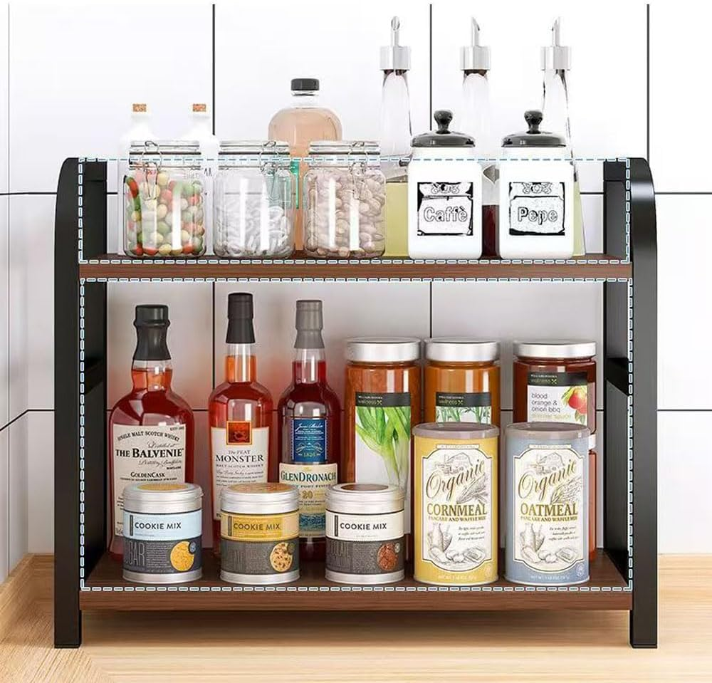 Hbluefat Countertop Shelf Organizer, 2 Tier Kitchen Spice Rack, Dresser Tabletop Perfume Cosmetics Display Shelf, Wood Desktop Shelf Storage for Home Office (Teak+Black) image number 2