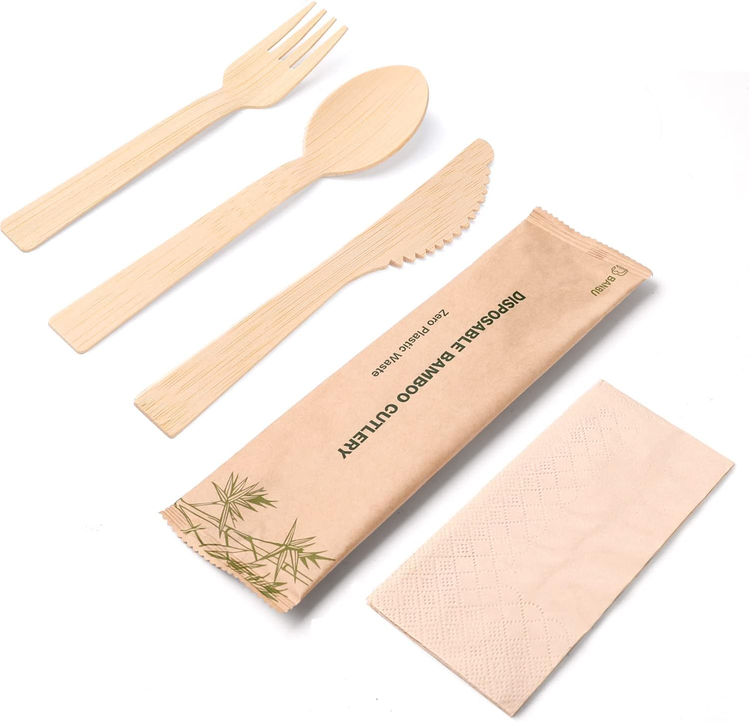 Bamboo Cutlery Set Napkins-58 Pack Individually Wrapped (6.7" 58 Spoons 58 Forks 58 Knives 58 Napkins) Disposable Travel Dinnerware Compostable Biodegradable Fork Knife Spoon and Napkin image number 1