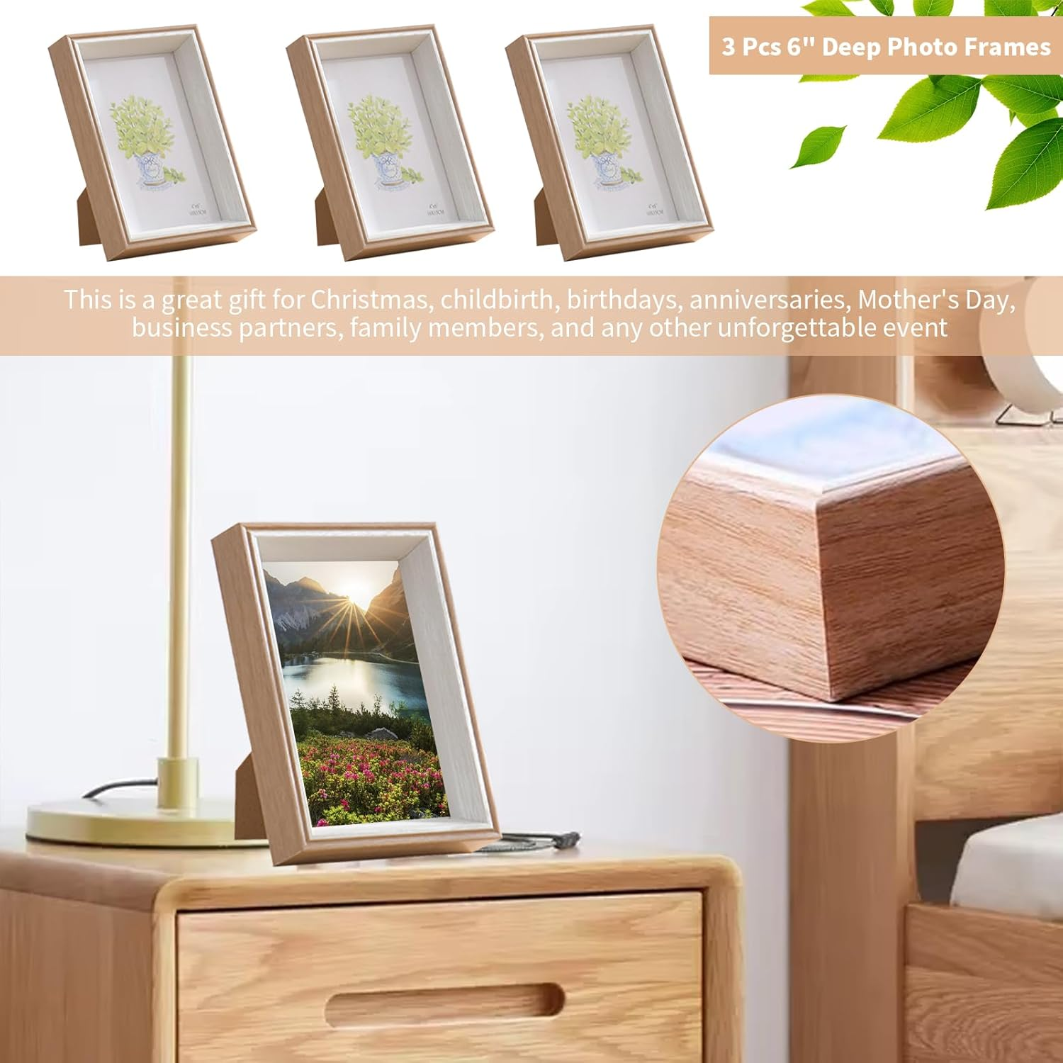 3 Pcs 6" Deep Photo Frames, 6"X 4" Photo Frames with Vertical/Horizontal Angle Bracket, Stereoscopic 3D Portrait Photo Frames, Picture Frames for Home Office Decoration Tabletop Wall Display (Grey) - Pink image number 5