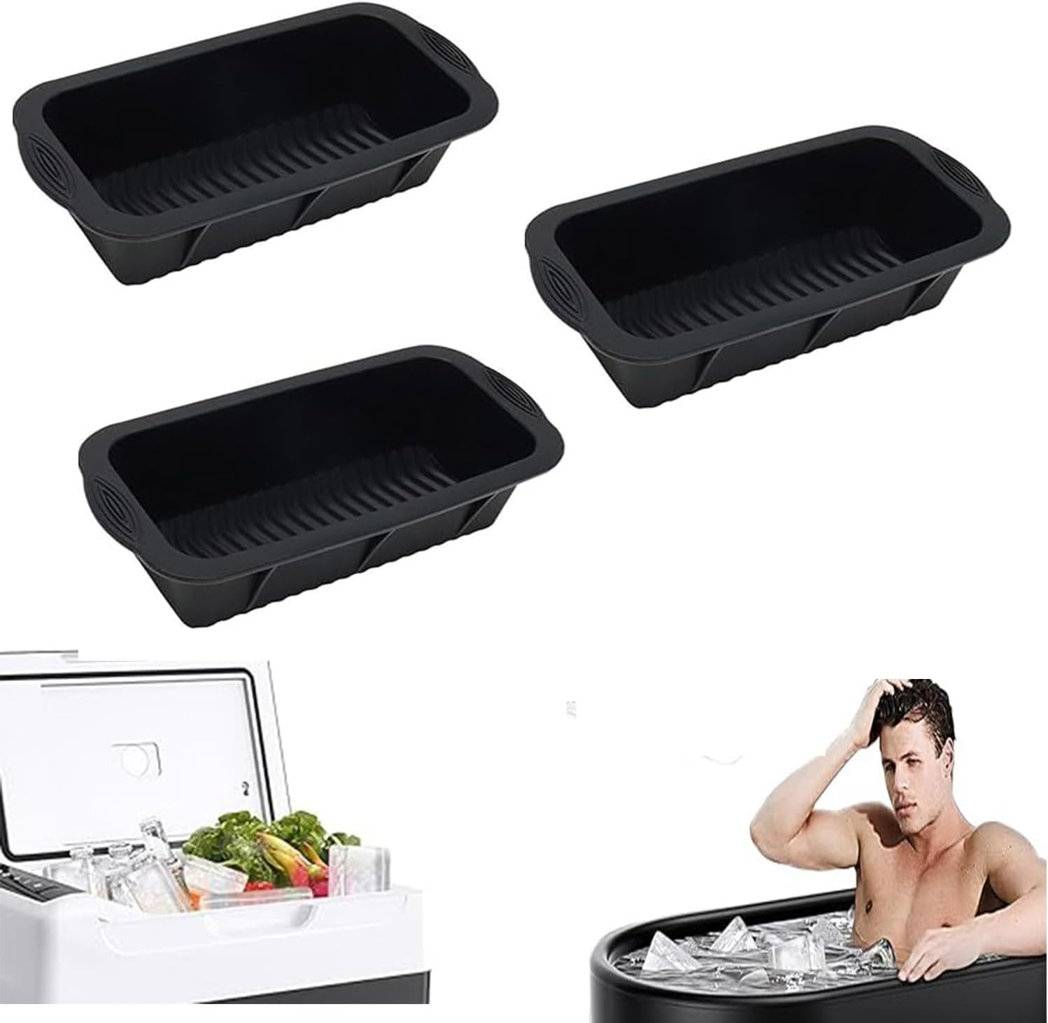 Roczential 3 Pcs Extra Large Ice Mold Silicone Large Ice Block Mold 10&times;5.1&times;2.8 Inch Ice Cube Maker Reusable Large Ice Cube Tray Dishwasher Ice Maker for Cold Plunge or Coolers Ice Bath Chiller (Black） image number 3