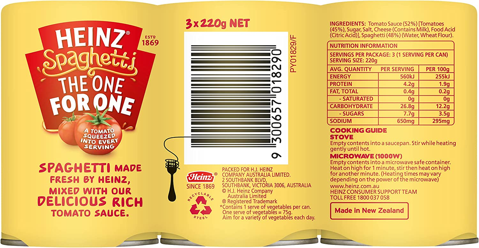 Heinz Spaghetti the One for One Multipack Canned Pasta in Tomato Sauce Ready to Eat Family Multipack Tinned Spaghetti in Tomato Sauce 220G (Pack of 3)
