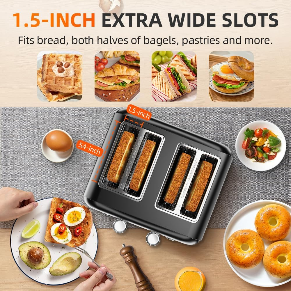 Toaster 4 Slice, Dual Independent Controls, Extra Wide Slot Toasters for Bagel, Bread, Waffles, 7 Shade Settings, 4 Main Functions, Removable Crumb Tray, 1500 Watts, Black image number 3