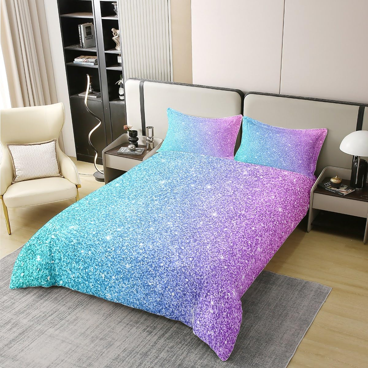100% Organic Cotton Colourful Glitter Bed Linen 135 X 200 Cm Girly Turquoise Teal Blue Pink Pastel Girls Duvet Cover Trendy Comforter Cover for Kid Women Quilt Cover Sparkle Sequins Pattern Bling Room image number 7