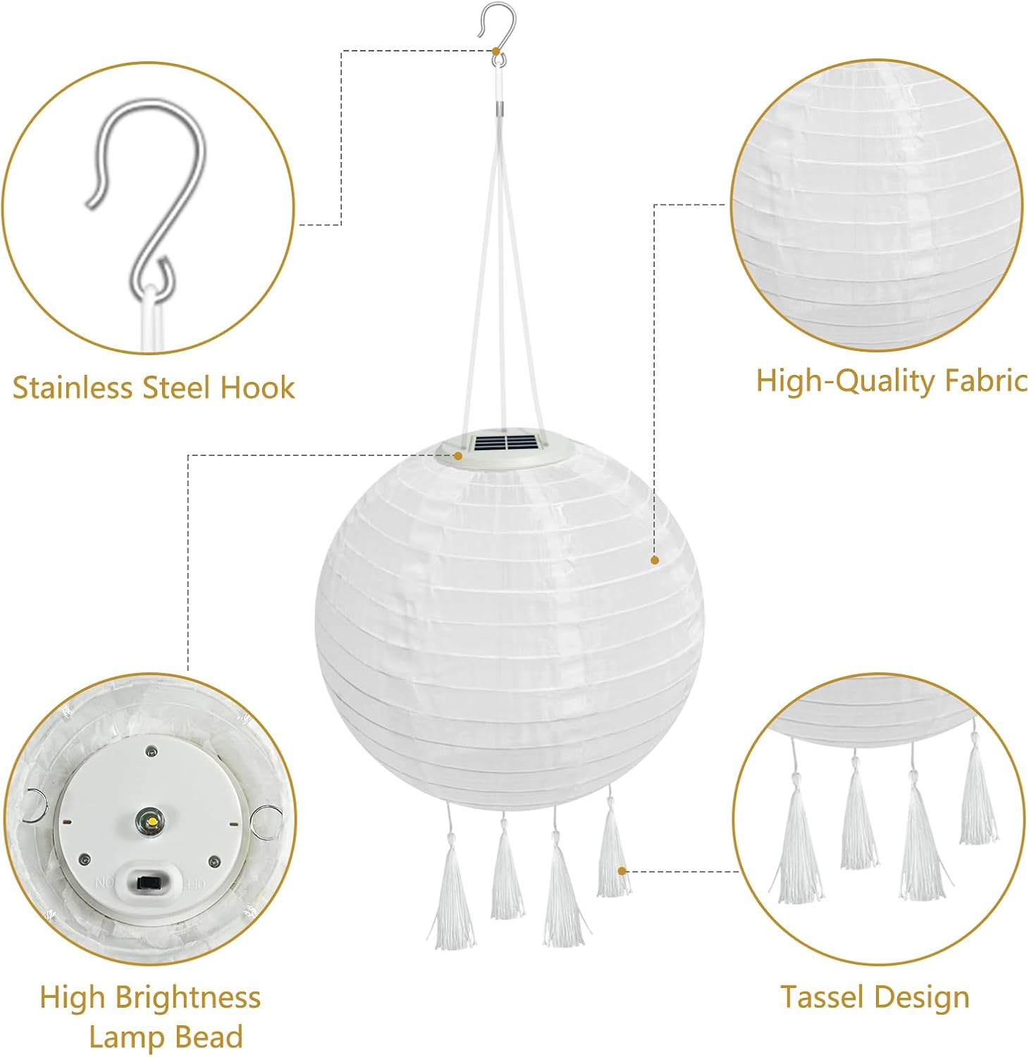 YIFMOO Solar Lanterns, Pack of 2 20 Cm Solar Lanterns, Outdoor Weatherproof, LED Waterproof Lantern with 4 Tassels, Hanging Nylon Lantern for Gardens, Yards, Balconies, Wedding Decoration (Warm White) image number 6