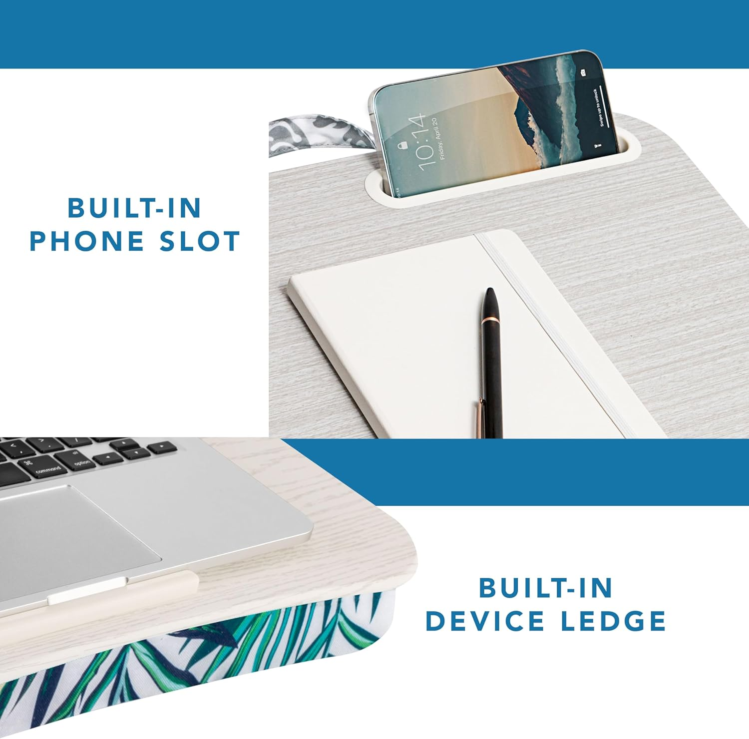 LAPGEAR Designer Lap Desk with Phone Holder and Device Ledge - Tropical Palm Leaves - Fits up to 15.6 Inch Laptops - Style No. 45427 - Floral Block Print image number 3