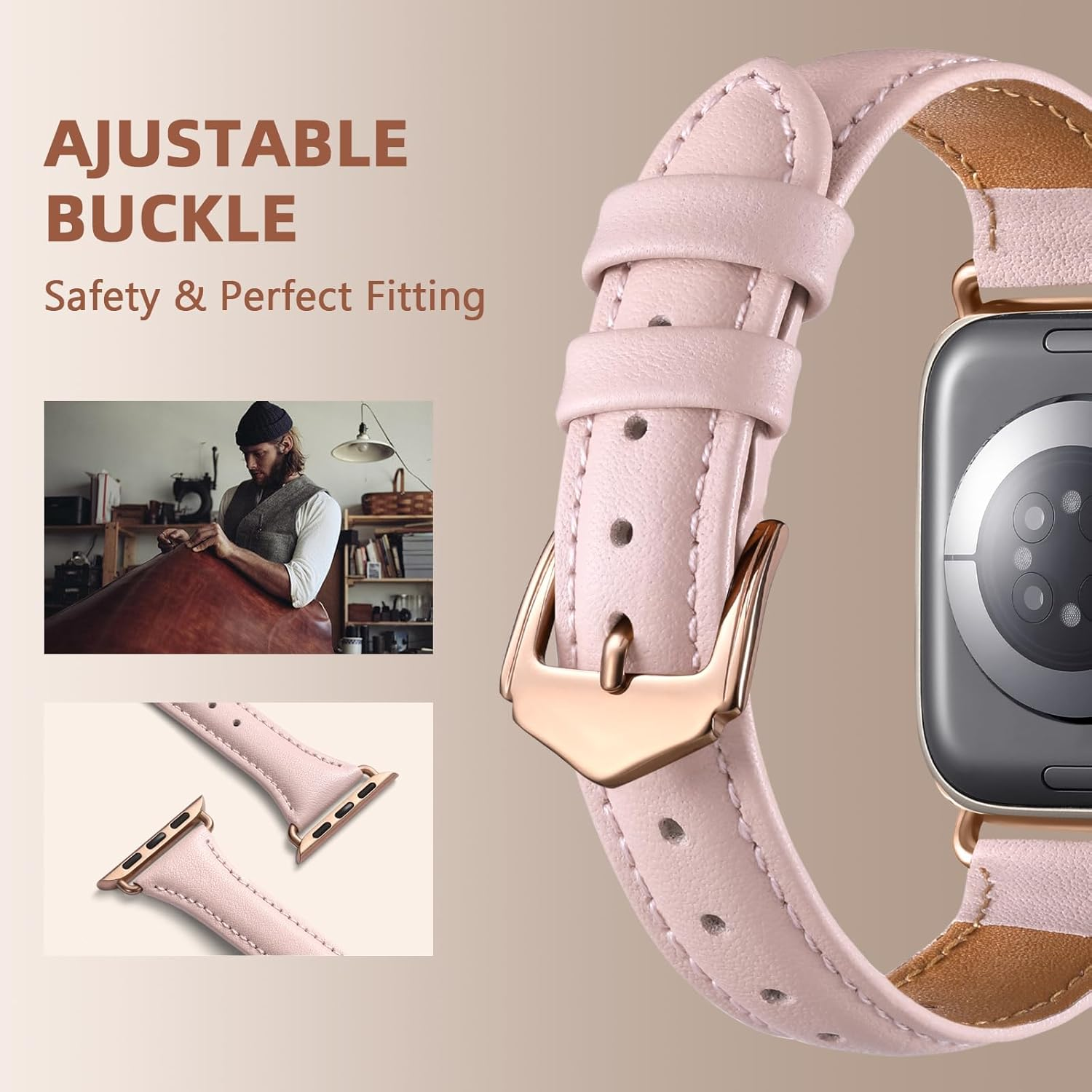 Getino Slim Leather Band Compatible with Apple Watch Bands for Women 40Mm 38Mm 41Mm 42Mm 44Mm 46Mm 45Mm 49Mm, Top Grain Genuine Leather Wristband for Iwatch Band Series 10 9 8 7 6 5 4 3 2 1 SE image number 3