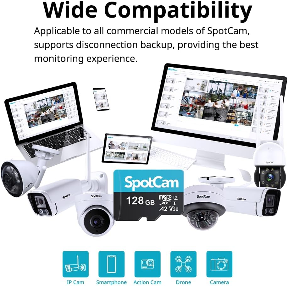 Spotcam 128GB Extreme Microsdxc UHS-I Memory Card, 128GB Microsdxc Full HD & 4K UHD, UHS-I, U3, A2, V30, Expanded Storage for Surveillance Camera