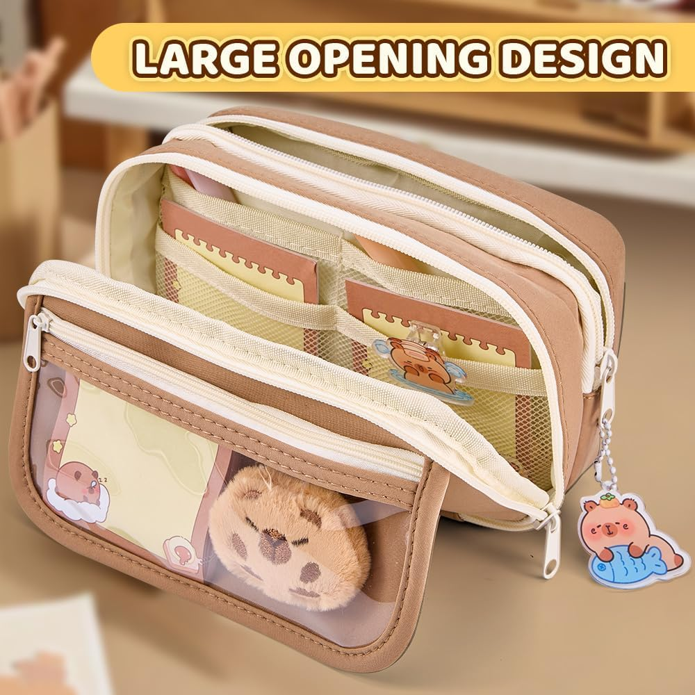 WOTOW Cute Capybara Pencil Case, Large Capacity 9-Compartment Pencil Pouch, Including Plush Brooch, Pendant, Sticker and Clips, Adorable School Supply Gift for Kids Teen Girls Boys Adults image number 5