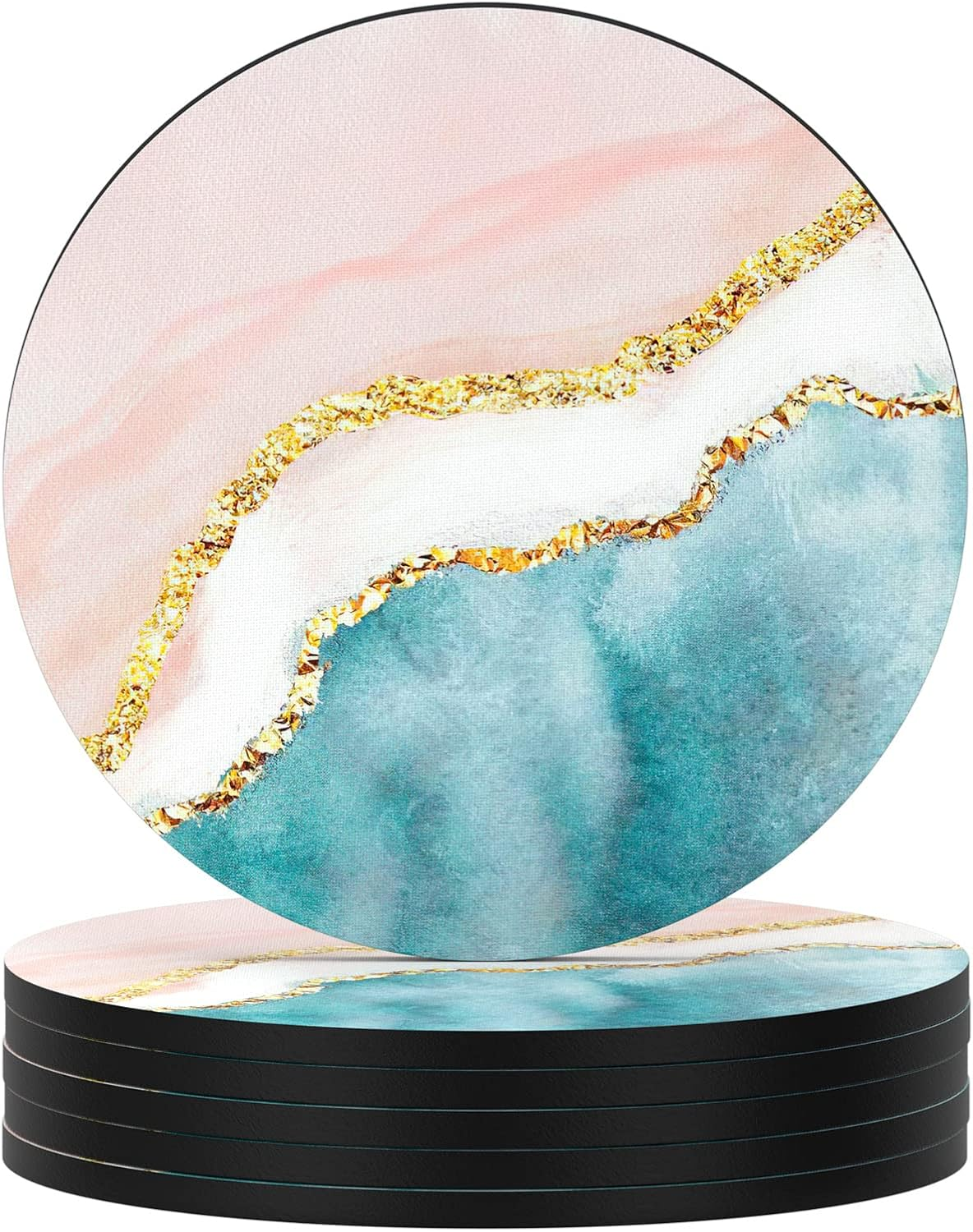 Nipichsha Coasters for Drinks, Set of 6 Cute Absorbent Rubber Drink Coasters for Cup with Non Slip Backing, Kitchen Home Decor Housewarming Gift, round 4 In, Pink Gilt image number 4