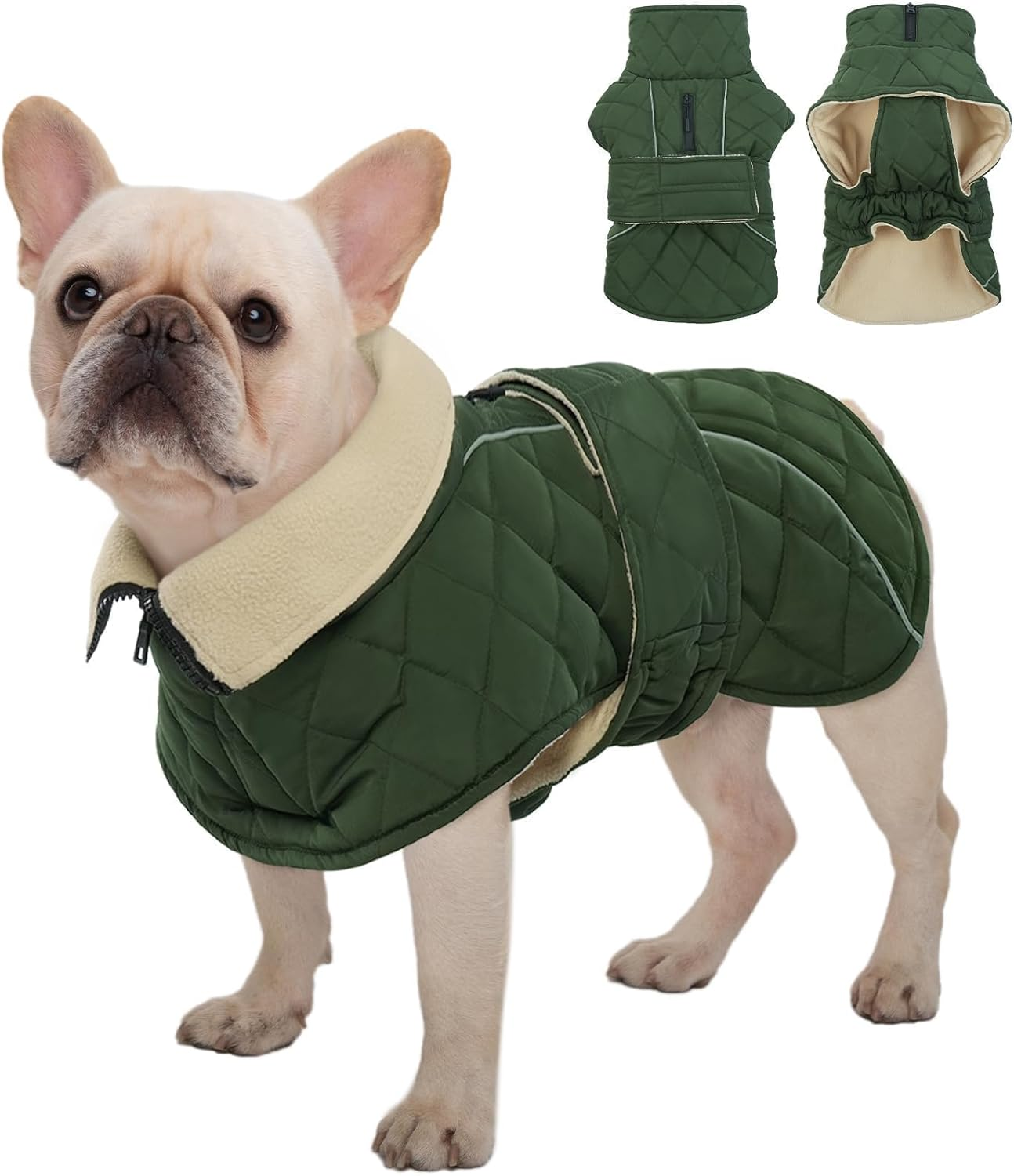 Kuoser Dog Coat, Extra Warm Dog Jacket Windproof Dog Cold Weather Coats for Medium Dogs, Fleece Lining Turtleneck Dog Snowsuit Reflective Adjustable Dog Winter Clothes, Green M