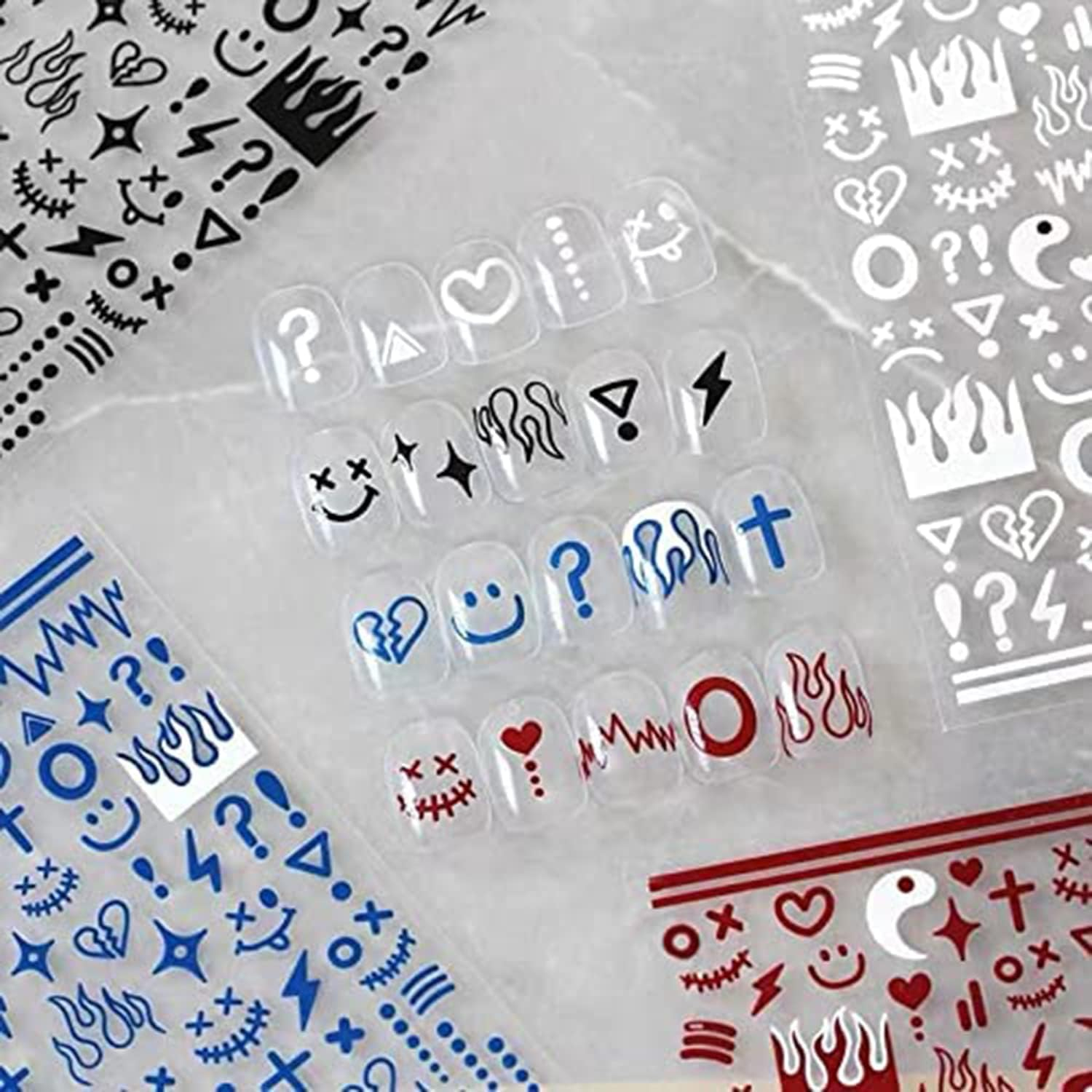 4 Sheets Klein Blue Flame Smile Face Nail Art Sticker Decals Ins Minimalist Style Klein Blue Nail Art Sticker Impressionist Lines Star Smile Face for Men and Women Nail Art Decoration (4 Colors) image number 1