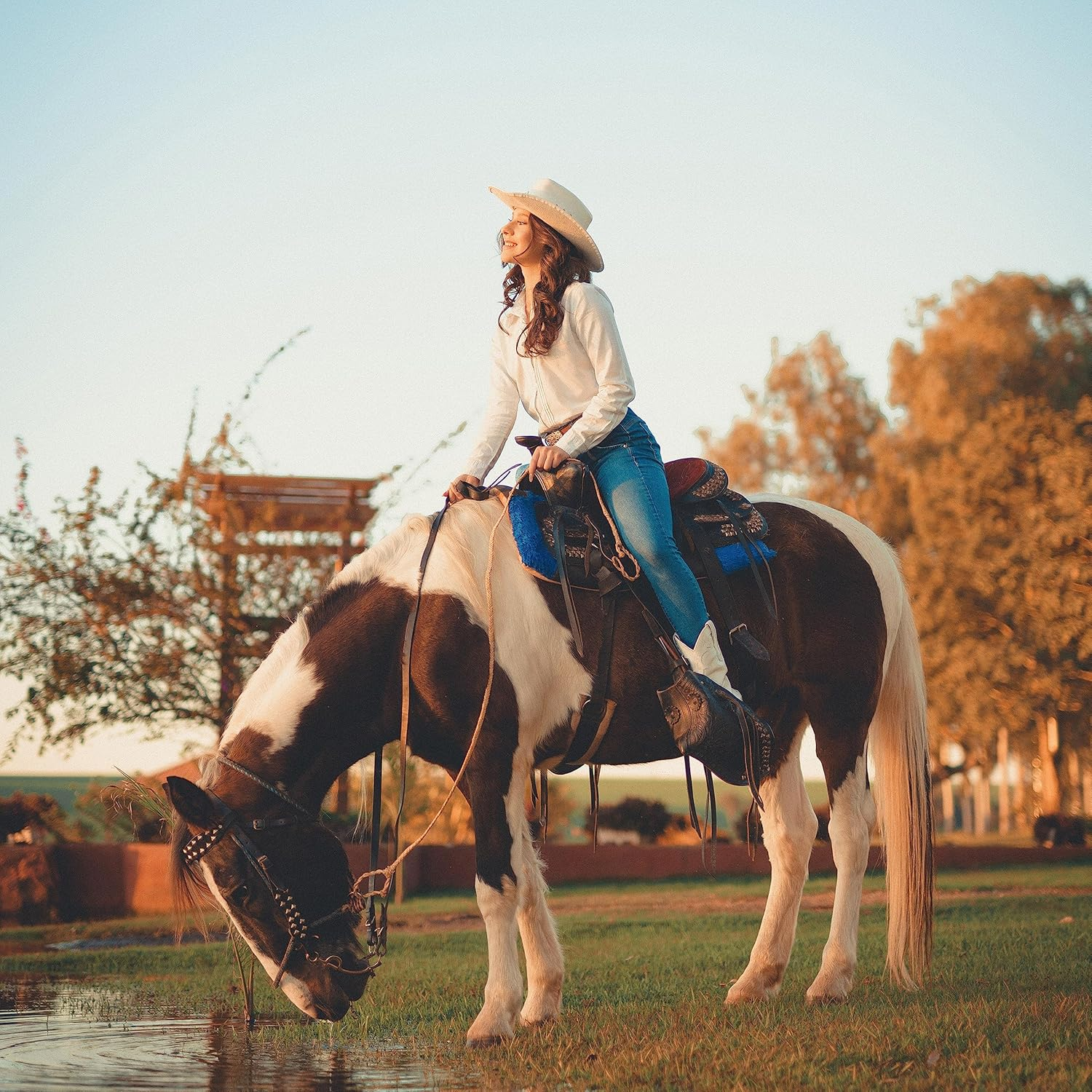 Gossifan Western Cowboy & Cowgirl Hat Felt Wide Brim Women Men Fedora - B Belt White image number 5