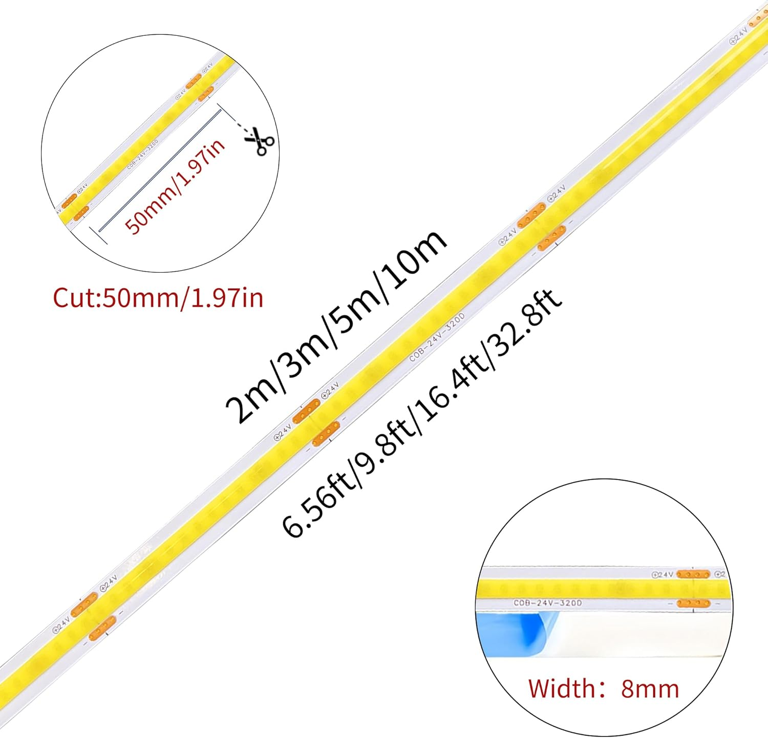 Clearhill 24V COB 320LED Strip Lights,32.8Ft/10M(No Power Supply),Warm White 3000K,320Leds/M,With 5521DC Male and Female Connectors,8Mm Width,Electroplated Double-Sided Panel,Ip20,For DIY Home Indoor image number 2