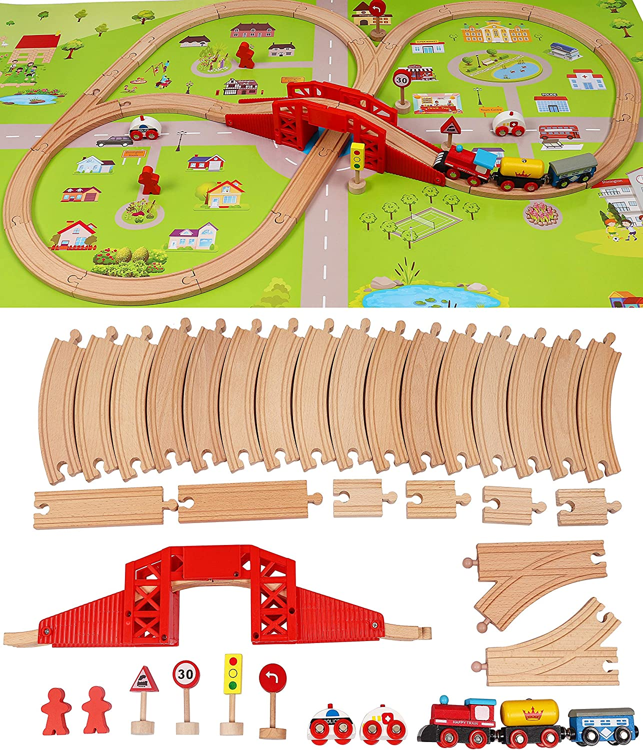 Wooden Train Set with Town Map-Shinington Railway Track Construction Building Toys for 3 Years Old Kids Boys Girls-Vehicles Transport Wooden Toys for Toddlers 3 4 5 Years Old image number 1