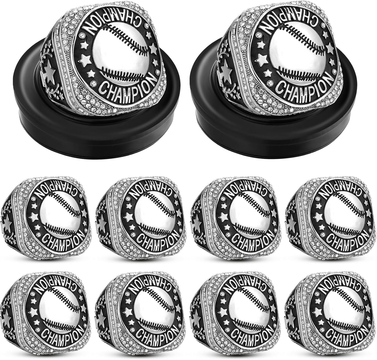 Highergo 10 Pcs Championship Rings with Display Neck Chain and Stand Baseball Soccer Volleyball Champion Rings MVP Most Valuable Trophy Rings for Tournament Winner Award Gift