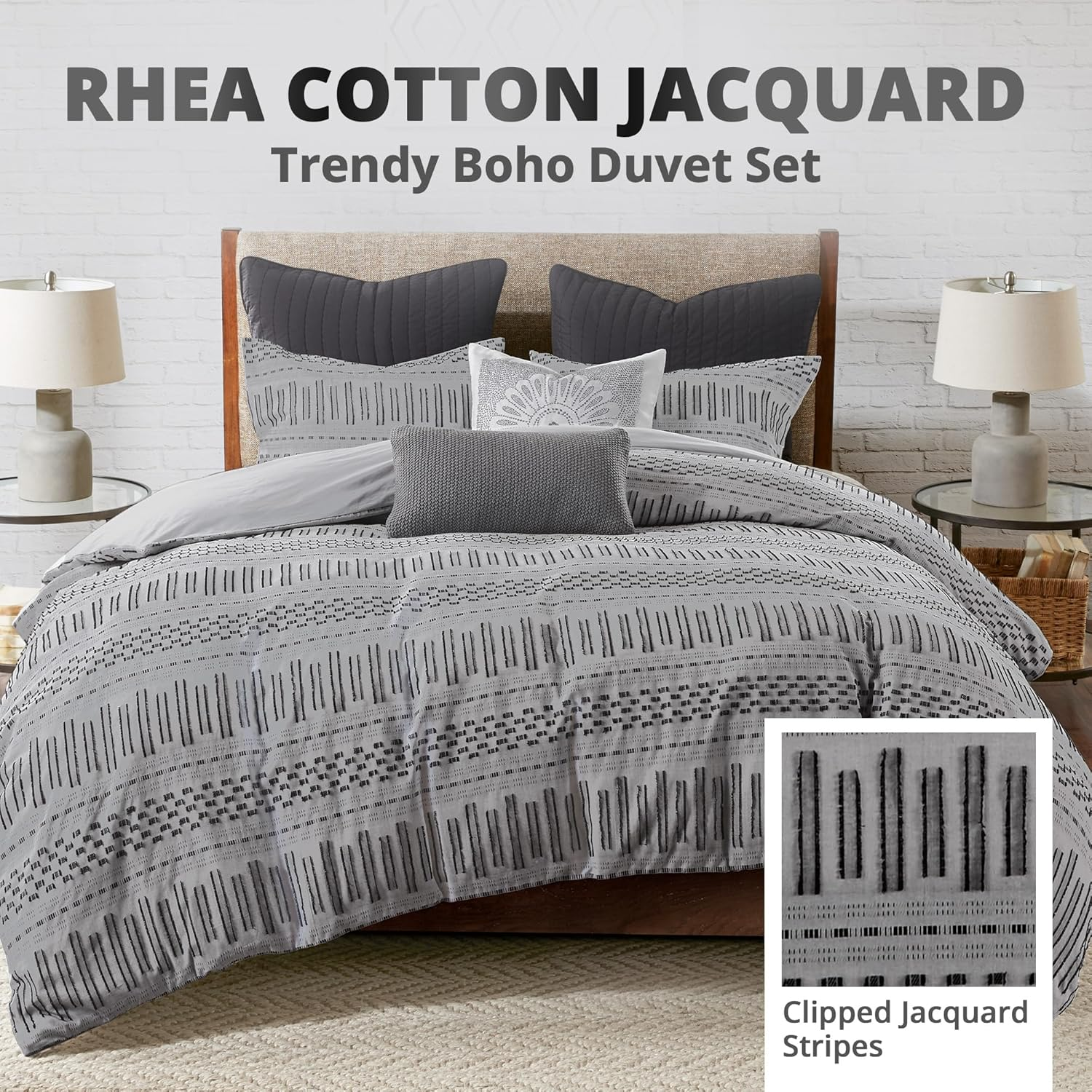 INK+IVY Rhea 100% Cotton Duvet Set Mid Century Modern Boho Design, All Season Comforter Cover Bedding Set, Matching Shams, King/Cal King, Geometric Clipped Jacquard Grey 3 Piece image number 1