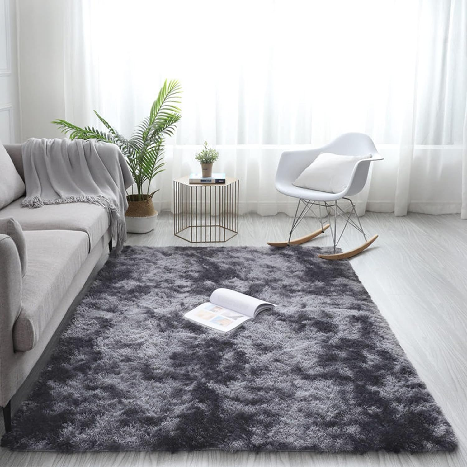 ADVWIN Fluffy Rug, Soft Shag Fluffy Area Rug, Non-Slip Durable Large Floor Carpet, Dark Grey Rectangular Rug for Living Room, Bedroom, Kids Play Room, Dormitory, Hotel (200X230Cm)