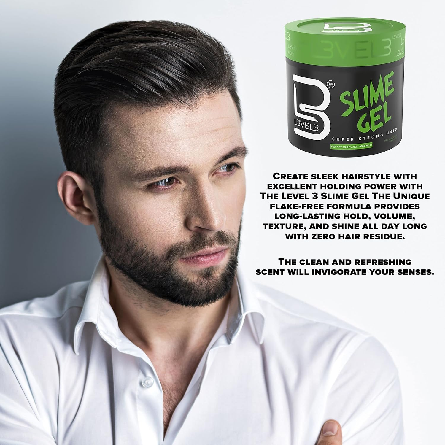 L3VEL3 L3-Gel Slime - Delivers Super, Strong Hold - Creates Sleek and Spiky Styles - Tames Frizz - Adds Shine and Volume - Water Based and Flake Free Formula - Enriched with Castor Oil - 16.9 Oz image number 4
