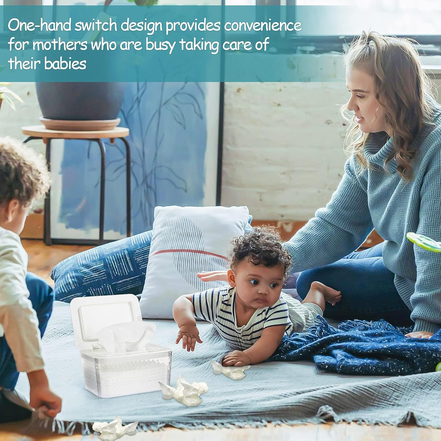 BDZBREN Wipes Holders, Dustproof Large Capacity Wipes Dispenser Box Case with Lid Keep Diaper Wipes Fresh (White) - Blue image number 3