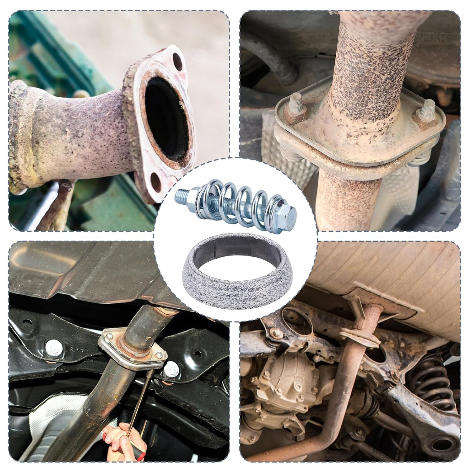 2Pcs Exhaust Manifold Gasket & 2 Bolts Kit, High-Temp Sealed Donut Gasket with Shock Absorbing Springs for Car, Truck, SUV Exhaust System Repair (54Mm) image number 2