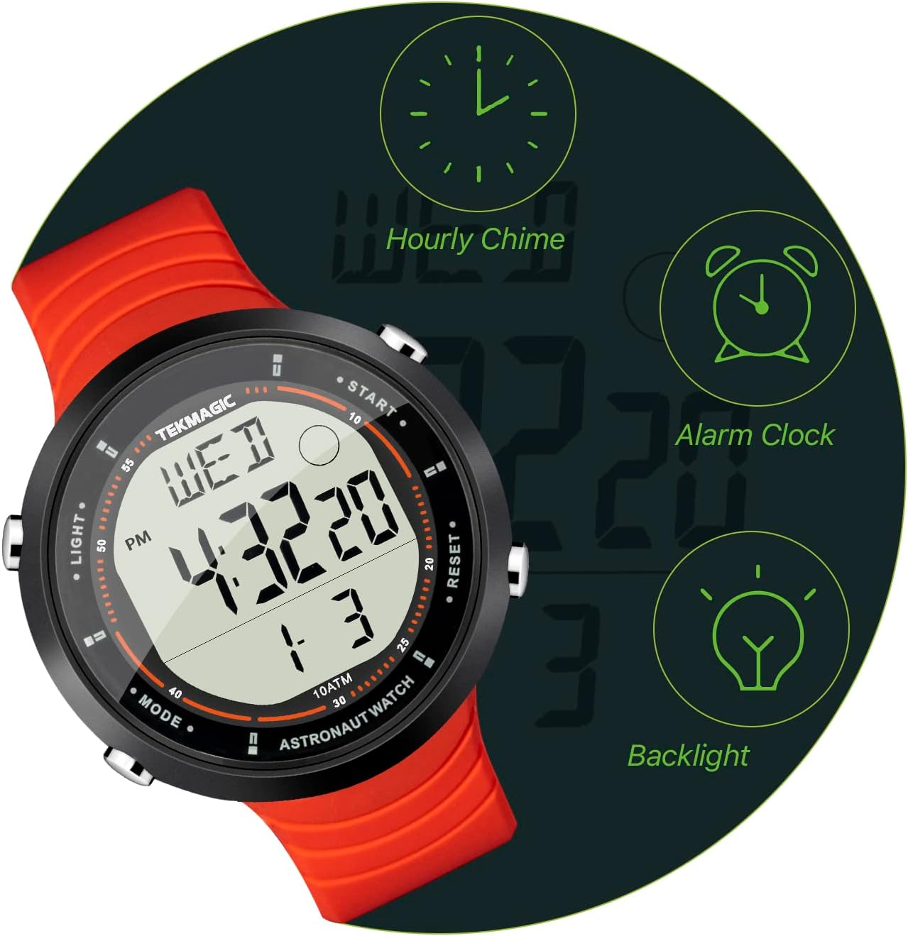 10 ATM Waterproof Sports Watch for Swimming and Diving, with Functions of Chronograph, Timer, Dual Time, Alarm Clock, 12 and 24 Hour Format Switchable image number 3