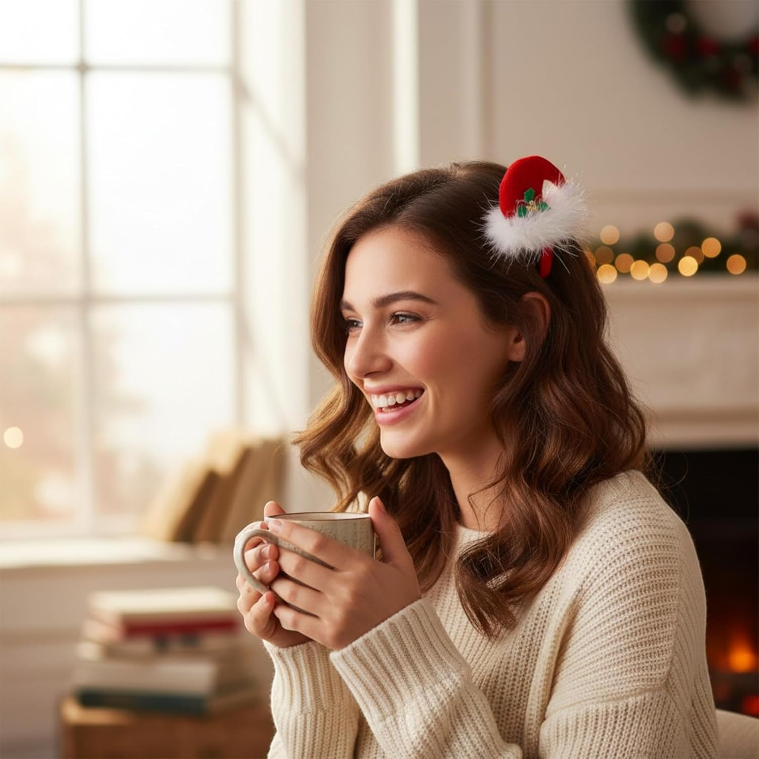 MIJOMA Set of 2 Christmas Hair Clips - Plush Christmas Hat Hair Clips with Mistletoe - Christmas Accessories for Women & Children - Red White Fluffy image number 6