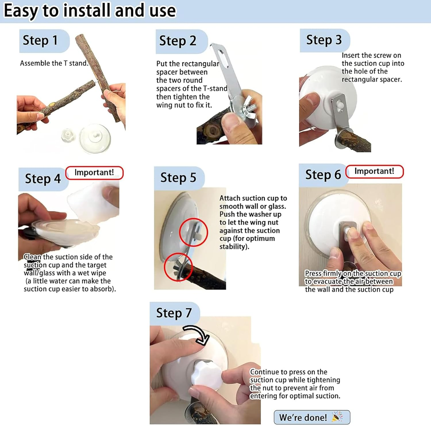 Portable Bird Perch Stand- T-Shaped Natural Apple Wood with Vacuum-Grip Suction Cup for Windows, Flat Tiles, Bath/Car/Travel - Durable & Safe for Parrots, Cockatiels, Lovebirds (Small to Medium Birds) image number 2