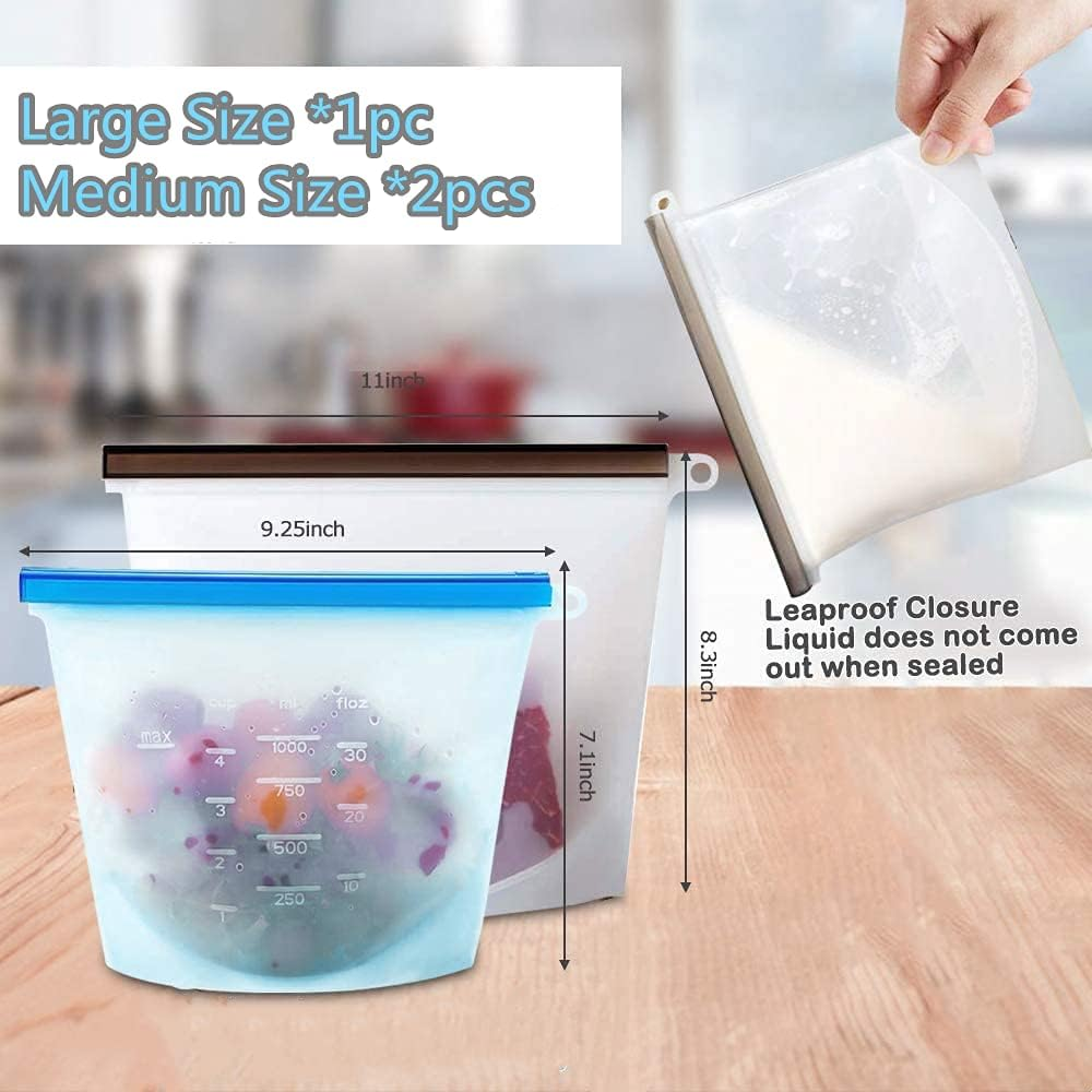 Reusable Extra Thick Silicone Food Storage Bags -3 Packs Zipper Freezer Bags for Vegetable, Fruit, Sandwich, Snack, Lunch, Liquid, Travel, Dishwasher-Safe Lunch Storage Bags image number 3