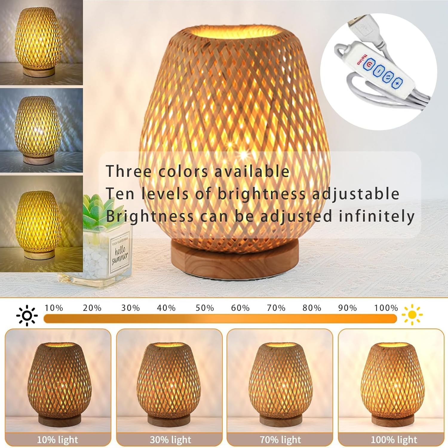 Handmade Bamboo Woven Table Lamp, 3 Color and Stepless Dimmable Small beside Lamp, Vintage Wooden Base Nightstand Lamp, Decorative Reading Light for Bedroom, Living Room, Kids Room. image number 3