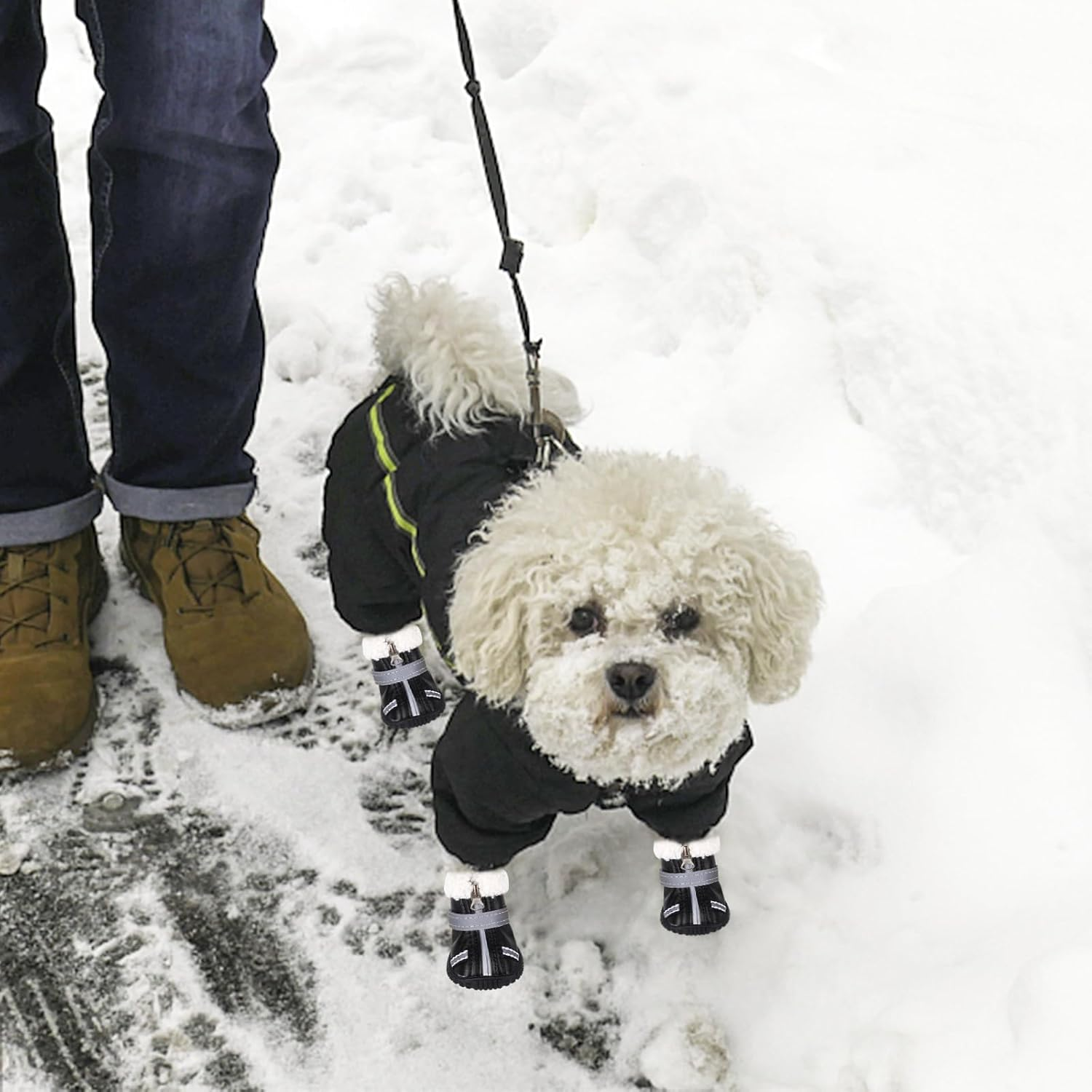 Waterproof Dog Boots, Fleece Shoes with Reflective Straps Winter Dog Paw Protector Warm Booties for Injured Paws Anti-Slip Walking Boots Outdoor for Small, Medium Dogs, Puppy (L) image number 2