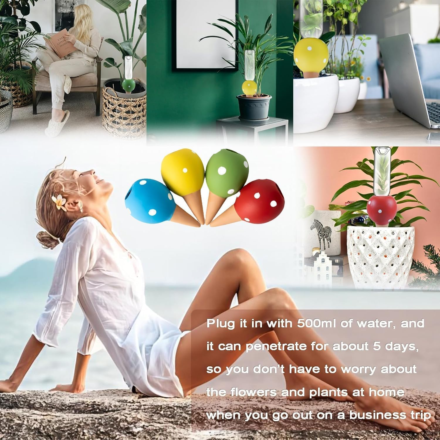 Terracotta Plant Watering Globe Set, 4Pcs Terracotta Self Watering Device Plant Watering Globe, Mushroom Self-Watering Spike, Mushroom Self-Watering Spikes for Indoor Plants image number 5