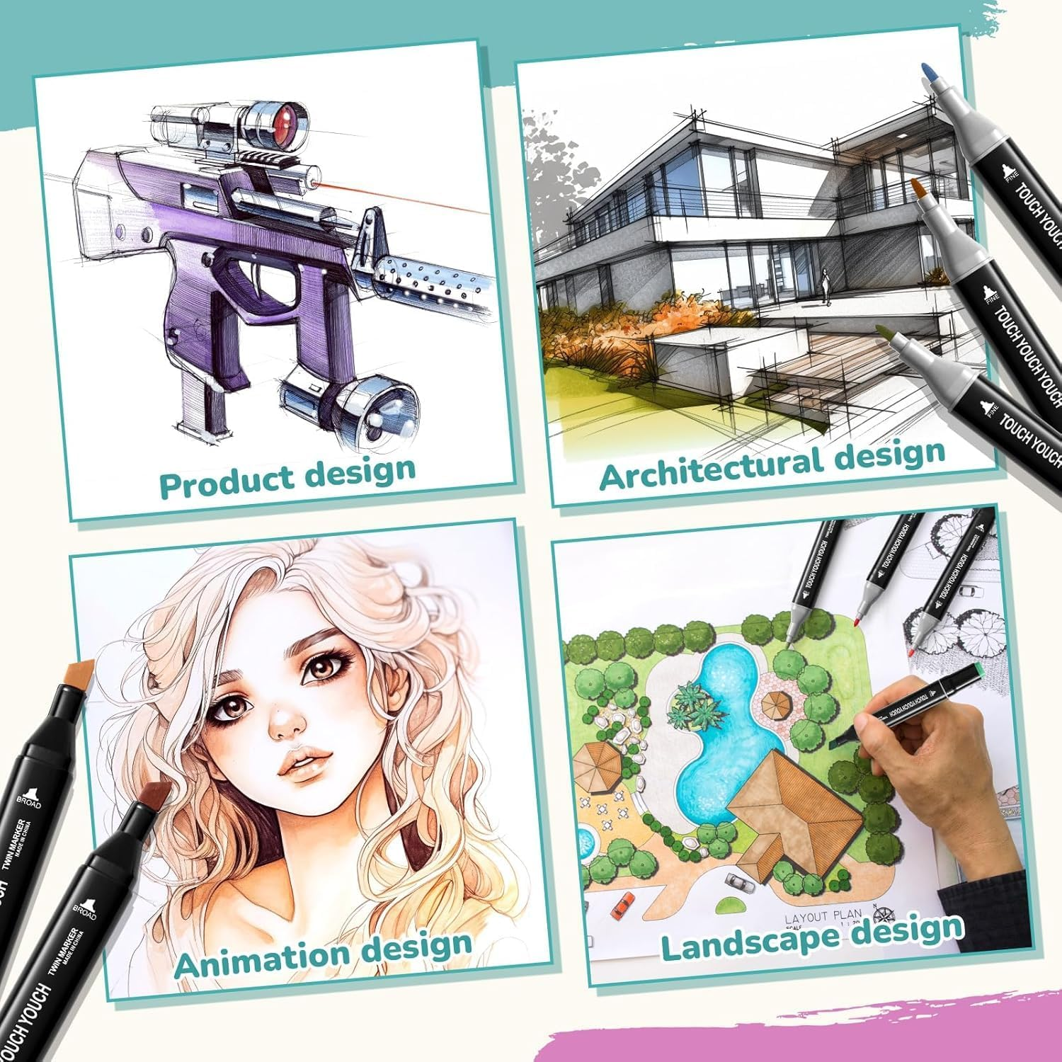 Cyperever Alcohol Markers Set: Brush & Dual Tip Professional Markers, Storage Bag & Strap - Alcohol-Based for Drawing/Adult Coloring (Skin Tones) (262) image number 1