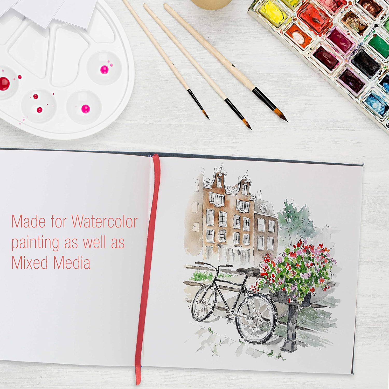 U.S. Art Supply 8.5" X 8.5" Watercolor Book, 2 Pack, 76 Sheets, 110 Lb (230 GSM) - Linen-Bound Hardcover Artists Paper Pads - Acid-Free, Cold-Pressed, Brush Painting & Drawing Sketchbook Mixed Media image number 3