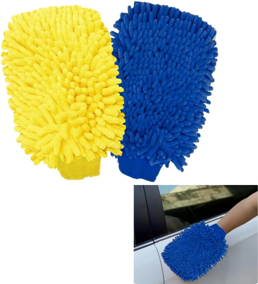 2 Pcs Car Wash Mitt Double Sided Soft Microfiber Glove Machine Washable Chenille Durable for Cleaning(Blue & Yellow)