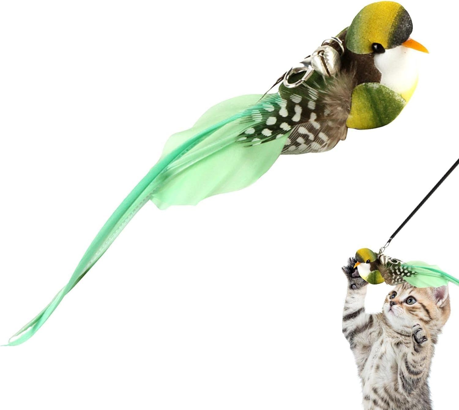 Squarezhenbo Green Bird Cat Toy for Indoor Cats, Cat Toy Wand, Refills, Bird Replacement Head with Bell - Handmade Cat Toy Bird Replacement for Cat Wand, Cat Toy, Feather Toy image number 2