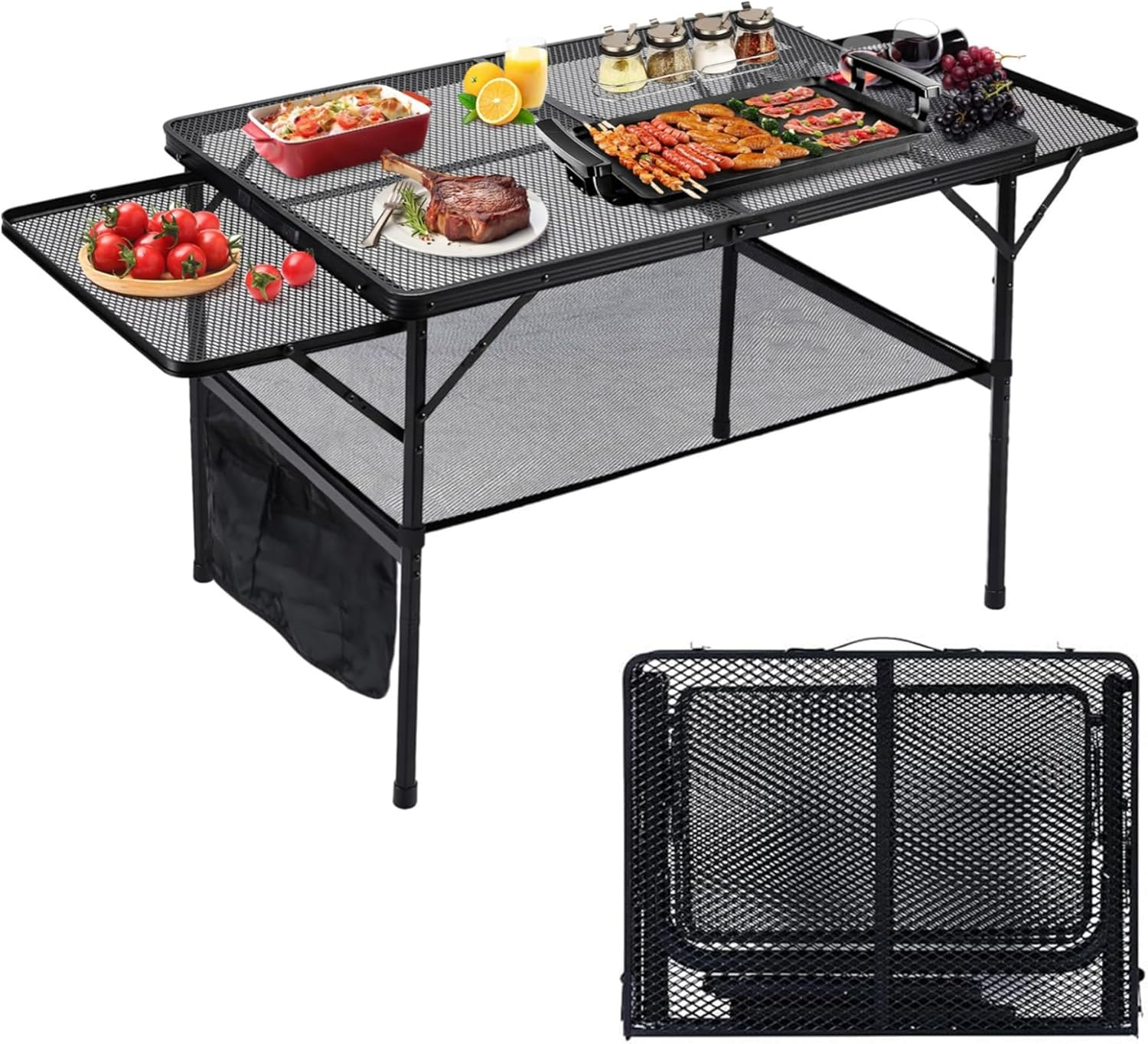 FORYUSE Folding Camping Table 90X60Cm with Extension Board Portable Lightweight Height Adjustable Metal Mesh Desktop Bag Side Pocket for Outdoor BBQ Grill Picnic Beach image number 6