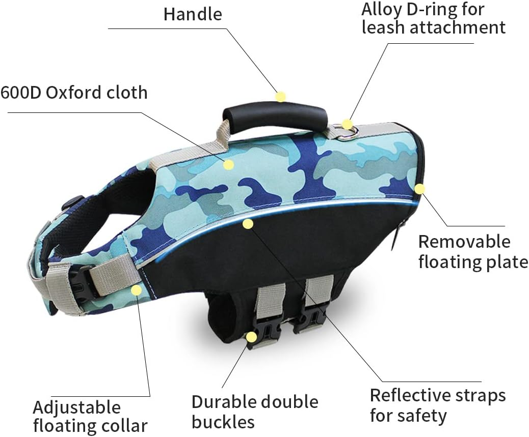 Dog Life Jacket Pet Swimwear Floating Safety Vest Buoyancy Aid Harness Swimming Swimsuit Puppy Vocation Summer Adjustable Pool Camo Blue M image number 4