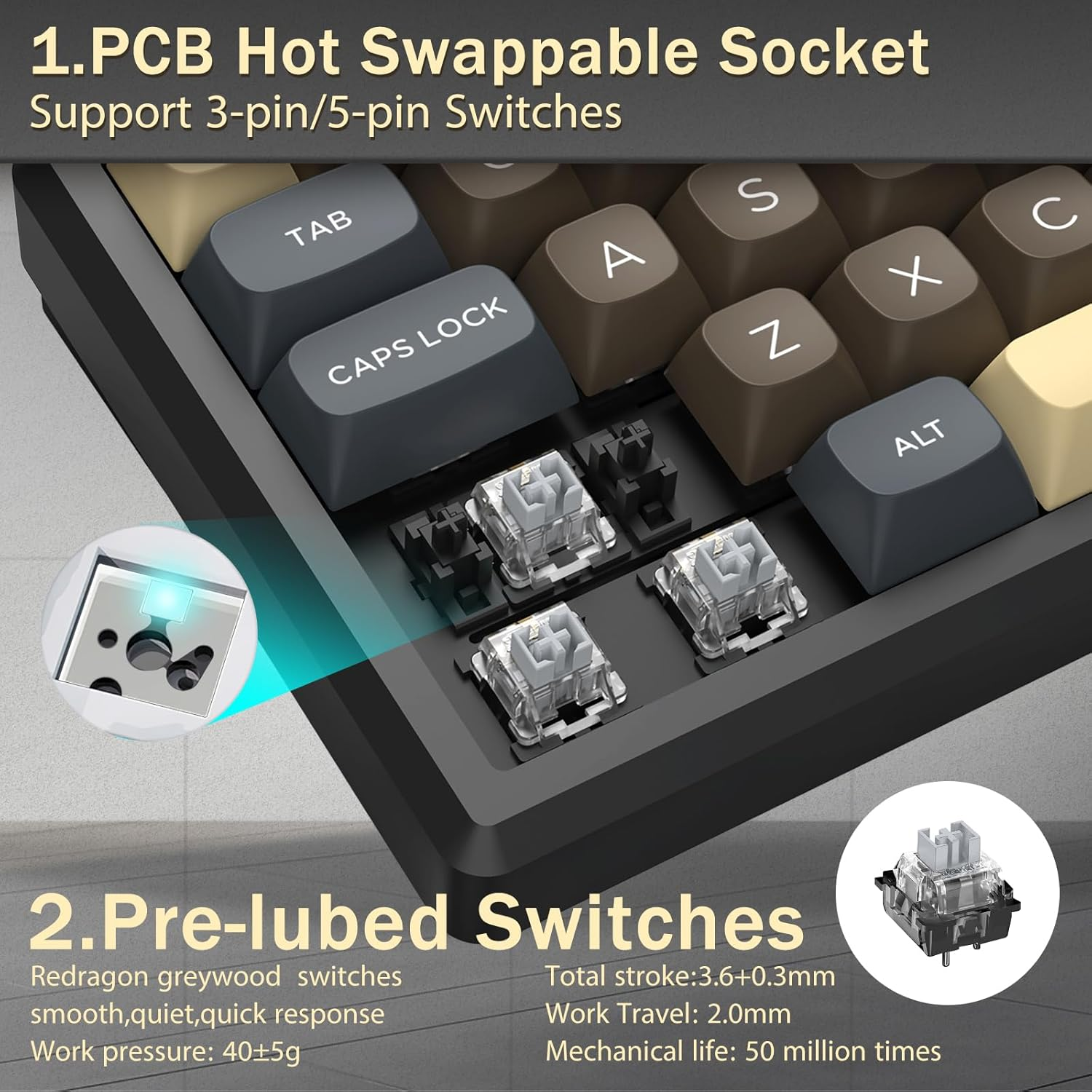 Redragon 60% Wireless Mechanical Gaming Keyboard, Full Aluminum Shell, Bluetooth/2.4Ghz/Usb-C, Creamy Sound, RGB Light, Metal Knob, Hot Swappable Pre-Lubed Linear Switches, Gasket Structure image number 6