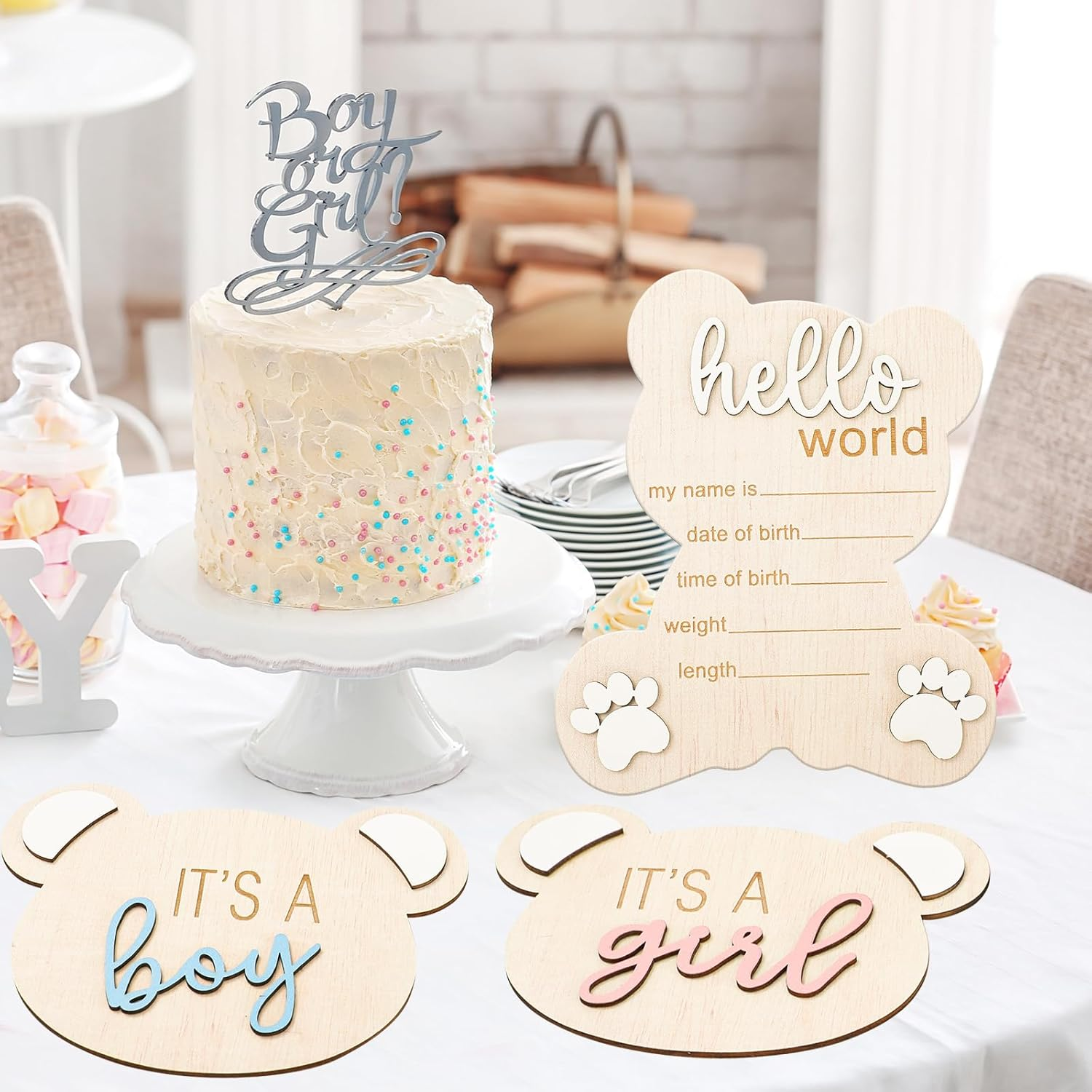 FYSUIMU 3Pcs Gender Reveal Sign for Baby Birth It' S a Boy Girl Bear Shaped Announcement Signs Wooden Hello World Newborn Welcome Sign for Baby Shower Photo Prop Keepsake image number 4