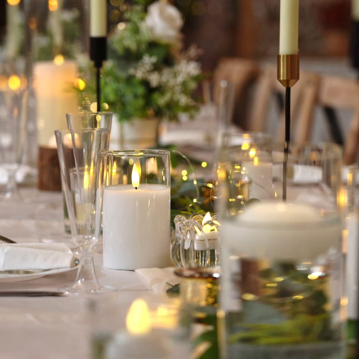 Clear Glass Flameless Candles Battery Operated with Timer, Remote Control, LED Pillar Candles Battery Powered, D3 H4 5" 6", Set of 3 (White) - Grey image number 7